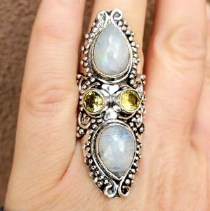 New Rainbow Moonstone & Citrine 925 Silver Statement Ring.